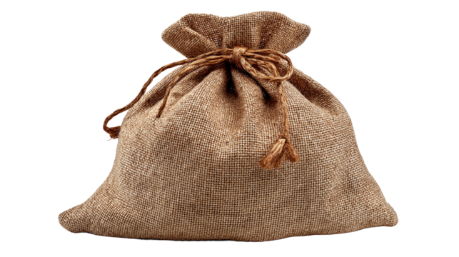 Brown cloth bag sack isolated on white background or transparent png, rustic textured fabric storage pouch with natural fiber weave.