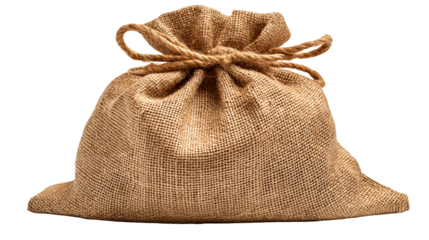Brown cloth bag sack isolated on white background or transparent png, rustic textured fabric storage pouch with natural fiber weave.