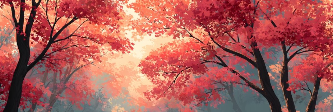 Vibrant crimson foliage creates a breathtaking canopy above a misty forest scene