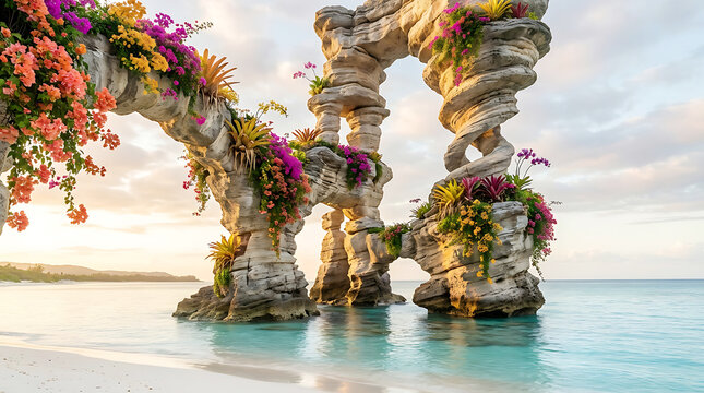 Tropical Rock Archway with Vibrant Flowers and Ocean View water