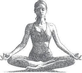 Artistic outline illustration of a woman practicing yoga in a meditative pose, ideal for wellness and fitness themes