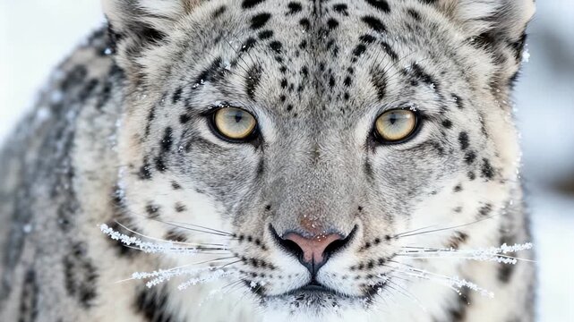 Powerful snow leopard with cold gaze and speckled coat amid icy alpine