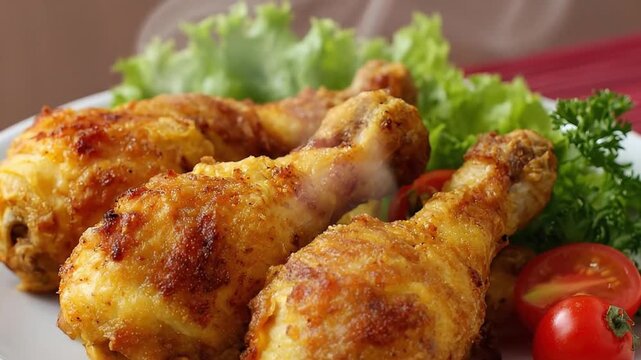 A delectable close-up captures three perfectly fried golden-brown chicken drumsticks, artfully arranged on a pristine white plate. Subtle wisps of steam rise, highlighting their freshly cooked and pip