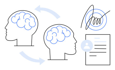 Two brains connected by arrows, symbolizing knowledge sharing, with a signed document indicating agreement. Ideal for teamwork, collaboration, learning, decision-making, education, strategy