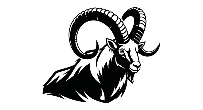 Powerful Ram Head with Horns Black and White Illustration.