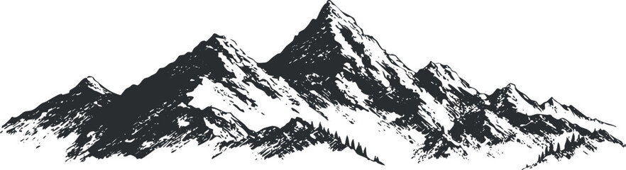 Obraz premium Stylized black and white vector illustration of mountain peaks, ideal for outdoor and adventure-themed designs