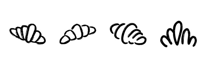 Croissant Line Icon Set In Doodle Style. French Pastry, Bakery, And Breakfast Food Outline Sketch Collection. Hand Drawn Isolated Vector Illustration