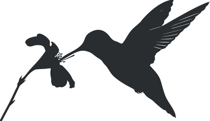 Stylized silhouette vector illustration of a hummingbird hovering near a flower, ideal for nature-themed designs and branding.