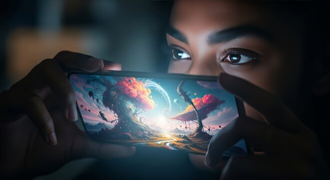 Woman experiencing virtual reality with a smartphone showing a fantasy nature scene with floating islands and blooming flowers. Digital escapism and immersive technology.