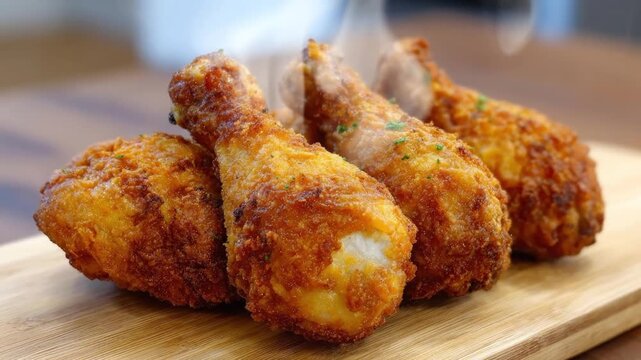 A delectable close-up shot captures several freshly cooked, crispy golden-brown fried poultry drumsticks resting invitingly on a rustic wooden cutting board. Wisps of steam gently rise from the hot, s