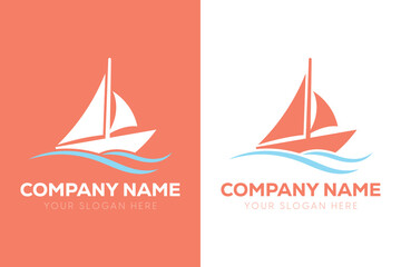 A professional logo design template featuring a minimalist sailboat or yacht sailing on stylized waves presented in two contrasting color versions