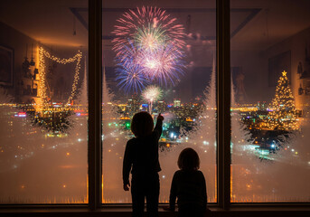 Excited Silhouette of Two Children Watching Colorful Fireworks Through a Window at Night