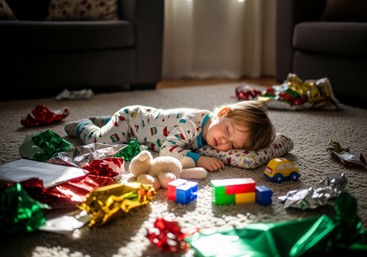 Exhausted Young Caucasian Boy Happily Sleeping on the Floor Surrounded by Opened Christmas Presents