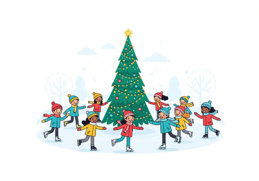 Diverse Cartoon Children Joyfully Ice Skating Around a Decorated Outdoor Christmas Tree