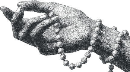 Detailed black and white vector illustration of a hand holding prayer beads, ideal for spiritual and religious design concepts
