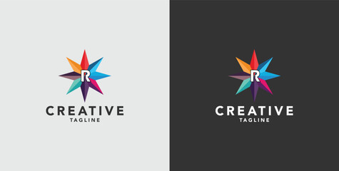 Digital colorful abstract icons, elements and symbols with initial R logo, template