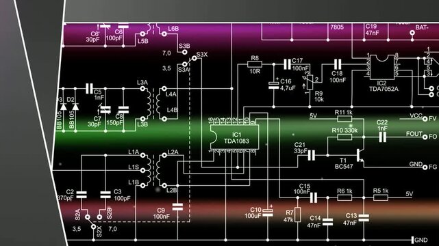 Video animation with schematic diagram of electronic device. Drawing electrical circuit with capacitor, resistor, 
diode, transistor, integrated circuit. Animated motion effect. Computer design.