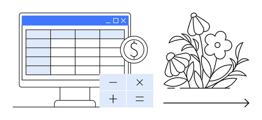 Spreadsheet tool and calculator for budget analysis combined with growing plants illustrating economic progress. Ideal for finance, budgeting, analytics, growth, strategy, sustainability, success