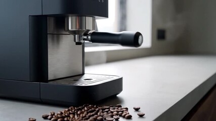 Modern espresso machine brewing coffee with steam rising, coffee beans scattered on a sleek countertop - Powered by Adobe