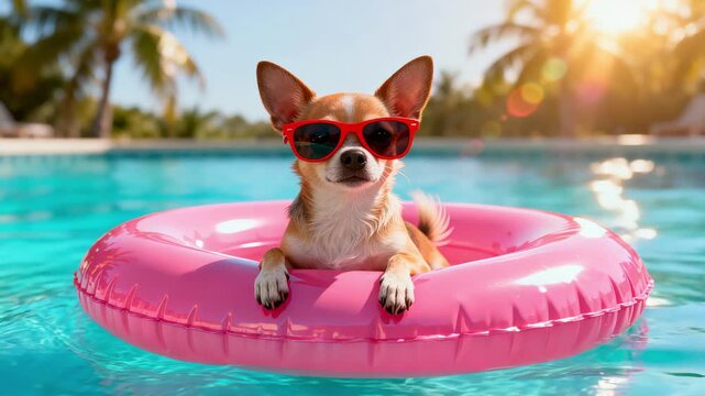 Relaxed Chihuahua floating on pink ring with sunlit reflection