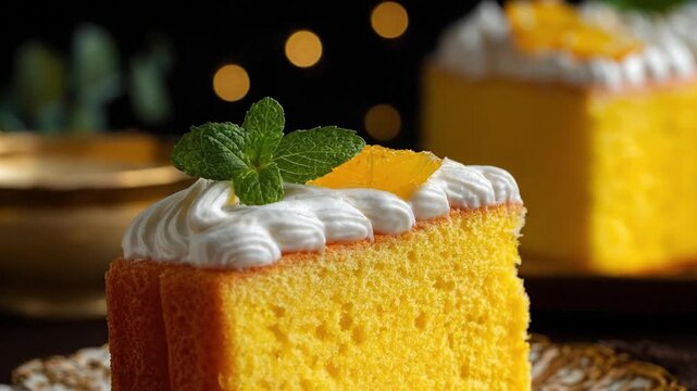 A delectable slice of vibrant yellow cake, possibly sponge or chiffon, is beautifully presented on a decorative plate, capturing an inviting culinary moment. It's generously topped with swirls of fluf