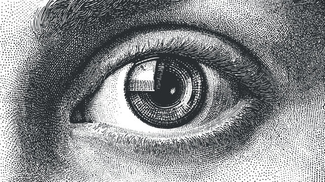 Detailed vintage vector illustration of a human eye, showcasing intricate textures and anatomical features for educational and design purposes