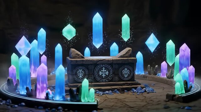 Mystic Crystal Chamber An Enchanting Scene of Magical Stones and Ancient Box