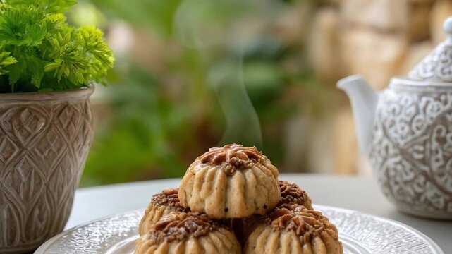 A delectable stack of freshly baked, warm cookies or small pastries, beautifully arranged on a white patterned plate. Each golden-brown treat is generously topped with crunchy nuts, and delicate wisps