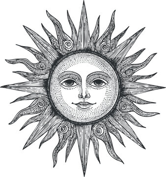 Hand-drawn black and white vector illustration of a radiant sun with a serene face, perfect for nature-themed designs and artwork.
