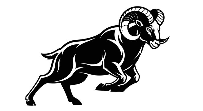 Powerful black ram with large horns in a charging pose.