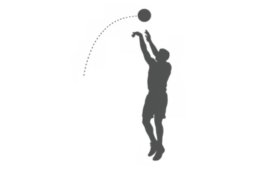 Basketball player performing a jump shot, creating a dynamic silhouette with the ball in motion. Transparent background