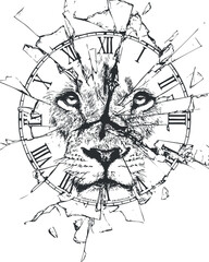 Obraz premium Intricate black and white vector illustration of a lion's face within a shattered clock, symbolizing the passage of time.