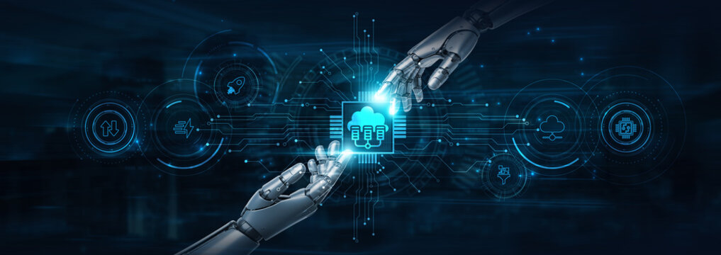 Hold on, robot hands power Edge Computing and futuristic interface, processing data locally. Reduced latency. Smart devices enable real-time decisions at scale.