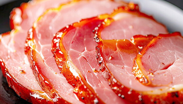 Glazed ham slices, macro shot. AI