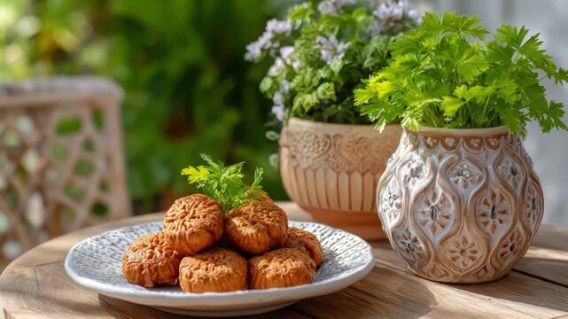 A delightful arrangement of golden-brown patterned cookies is artfully presented on a textured white plate, resting on a rustic wooden table under warm, natural sunlight. Lush green potted plants, inc