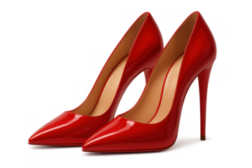 Pair of bright red patent leather high heels with pointed toes and stiletto heels, ready for elegant fashion