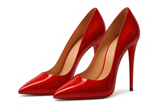 Pair of bright red patent leather high heels with pointed toes and stiletto heels, ready for elegant fashion