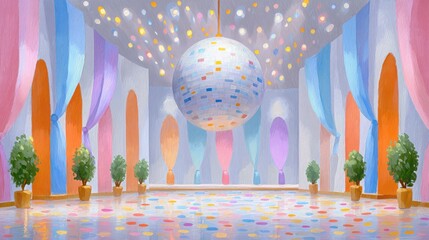 Disco Ball Illuminates Colorful Ballroom With Draping Curtains And Potted Trees