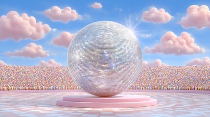 Giant Pixelated Sphere on Stage with Cheering Crowd Under Cloudy Sky