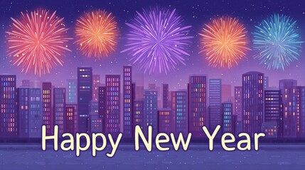 Pixel Art Cityscape Under Colorful Fireworks Display Celebrating New Year Festive Celebration