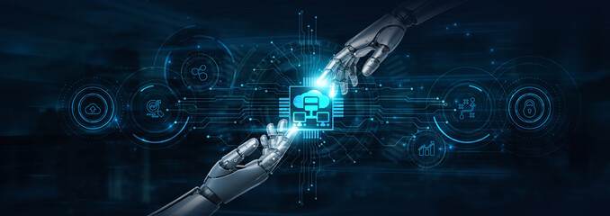 Hold on, robot hands oversee Network Administration and futuristic interface, securing systems. Real-time monitoring. Smart protocols ensure connectivity and cybersecurity globally.