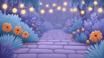 Pixel Art Path Lined With Blue Green Bushes Orange Flowers And String Lights In Misty Forest