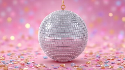 Silver Disco Ball With Confetti On Pink Background Party Celebration