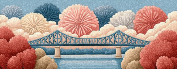 Steel Truss Bridge Over Water With Red White And Blue Trees And Snowfall