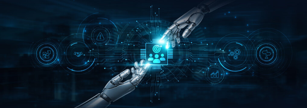 Hold on, robot hands drive Project Management and futuristic interface, coordinating tasks. Agile workflow. Intelligent dashboards enhance team efficiency and milestone delivery.