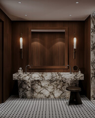 Elegant modern bathroom featuring a marble vanity, wooden wall panels, and ambient vertical lighting in a refined interior design setting.