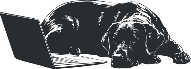 Plakat Stylized vector illustration of a sleeping dog beside a laptop, perfect for home office and pet care themes