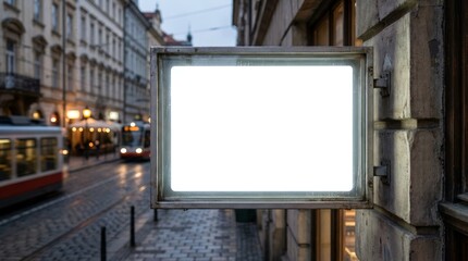 Blank Billboard On A Rainy City Street With Trams.