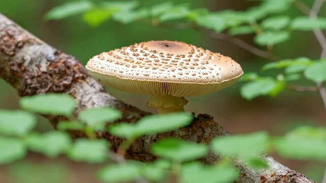 A detailed close-up shot captures a fascinating wild mushroom, exhibiting an intricately patterned cap in earthy tones of brown and cream, resting securely on a textured tree branch within a lush, ver