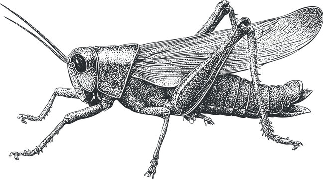 Detailed black and white vector illustration of a grasshopper showcasing its anatomy for educational and artistic purposes